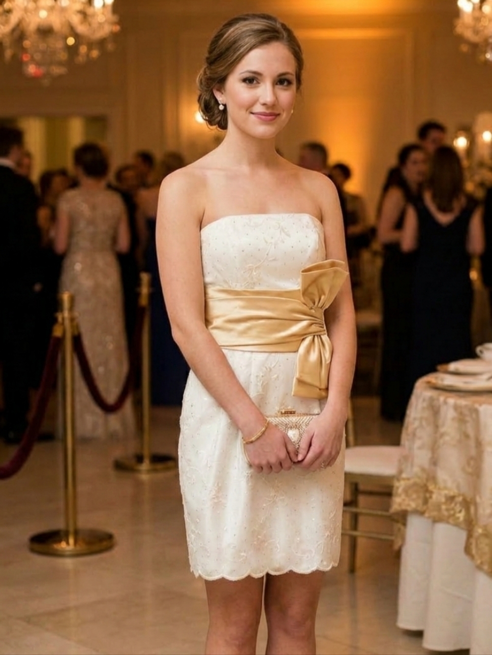 Gunne Sax Jessica McClintock White and Gold Strapless Formal Prom Party Dress 3